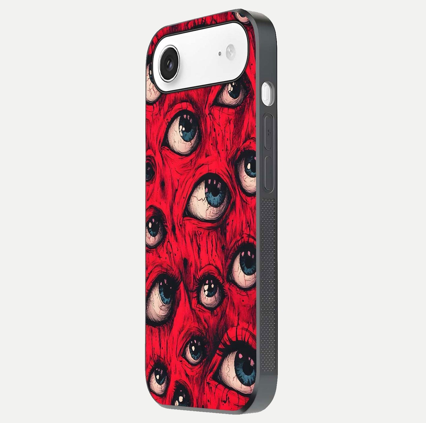 Crimson Watch Eyes Glass Case for iPhone Air side-angle photo showing reflection texture and shine