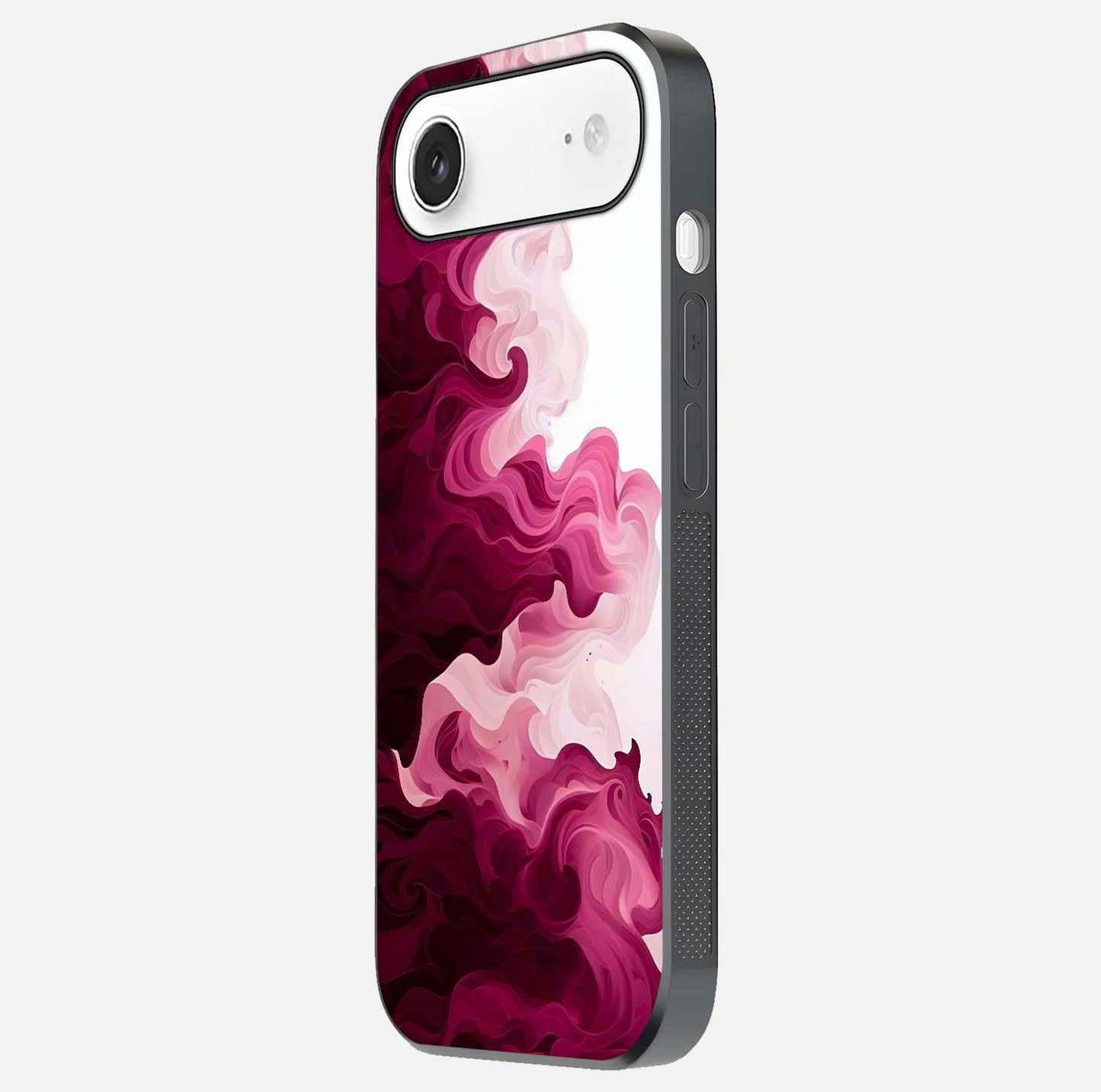 Crimson Wave Flow Glass Case for iPhone Air side-angle photo showing reflection glow and HD finish
