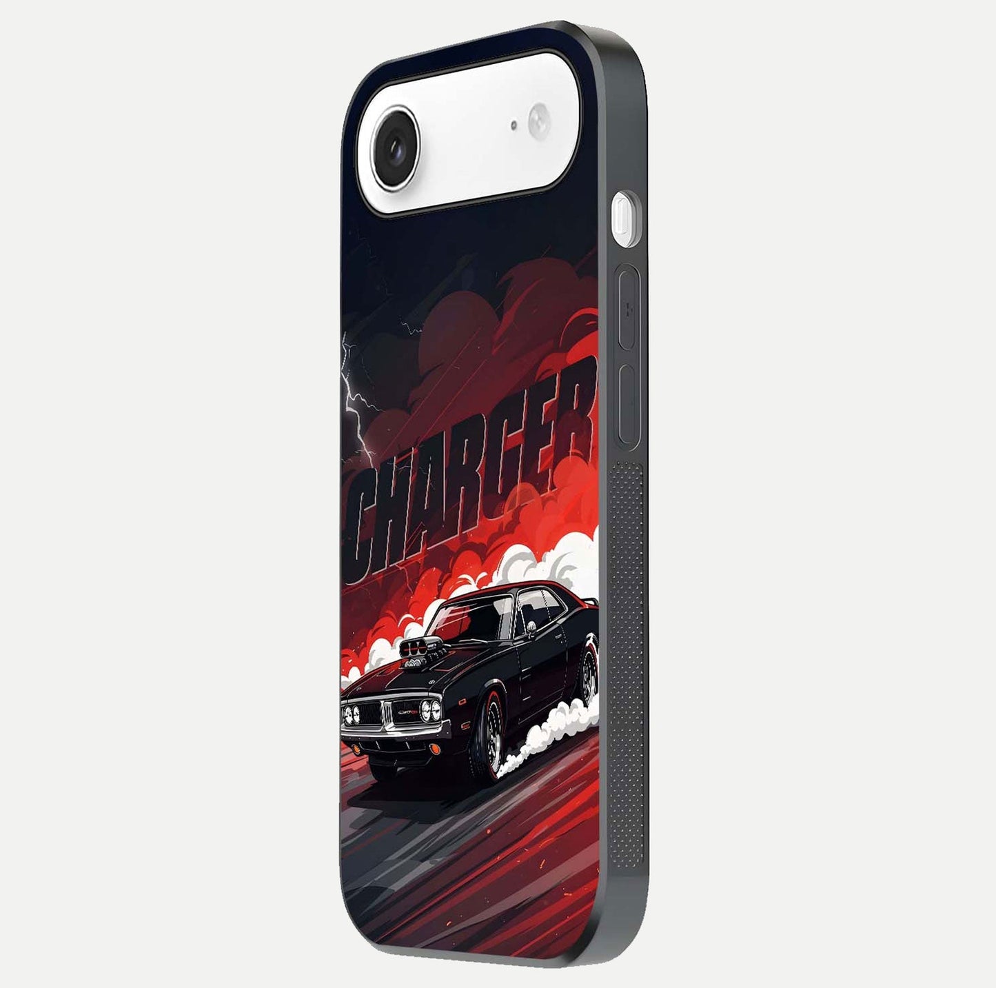 Dark Charger Fury Glass Case for iPhone Air side-angle image showing edge gloss and bold tone