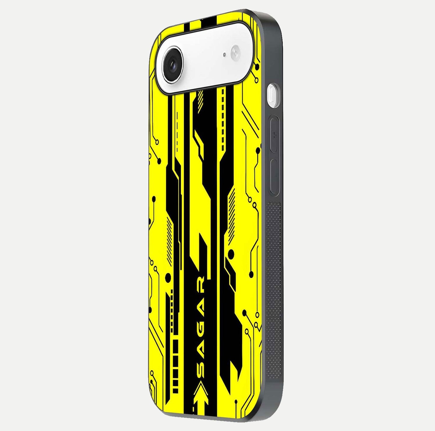 Electric Pulse CYBERPUNK Custom Name Glass Case for iPhone Air side-angle image showing glossy reflection and edge illumination