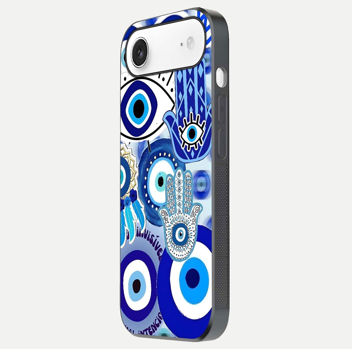 Evil Eyes Dream Glass Case for iPhone Air side-angle photo capturing smooth edges and reflective texture