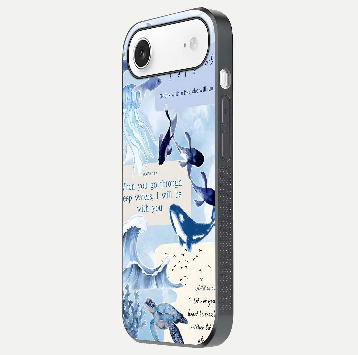 Faithful Ocean Promise Glass Case for iPhone Air side-angle photo showing reflection glow and color clarity