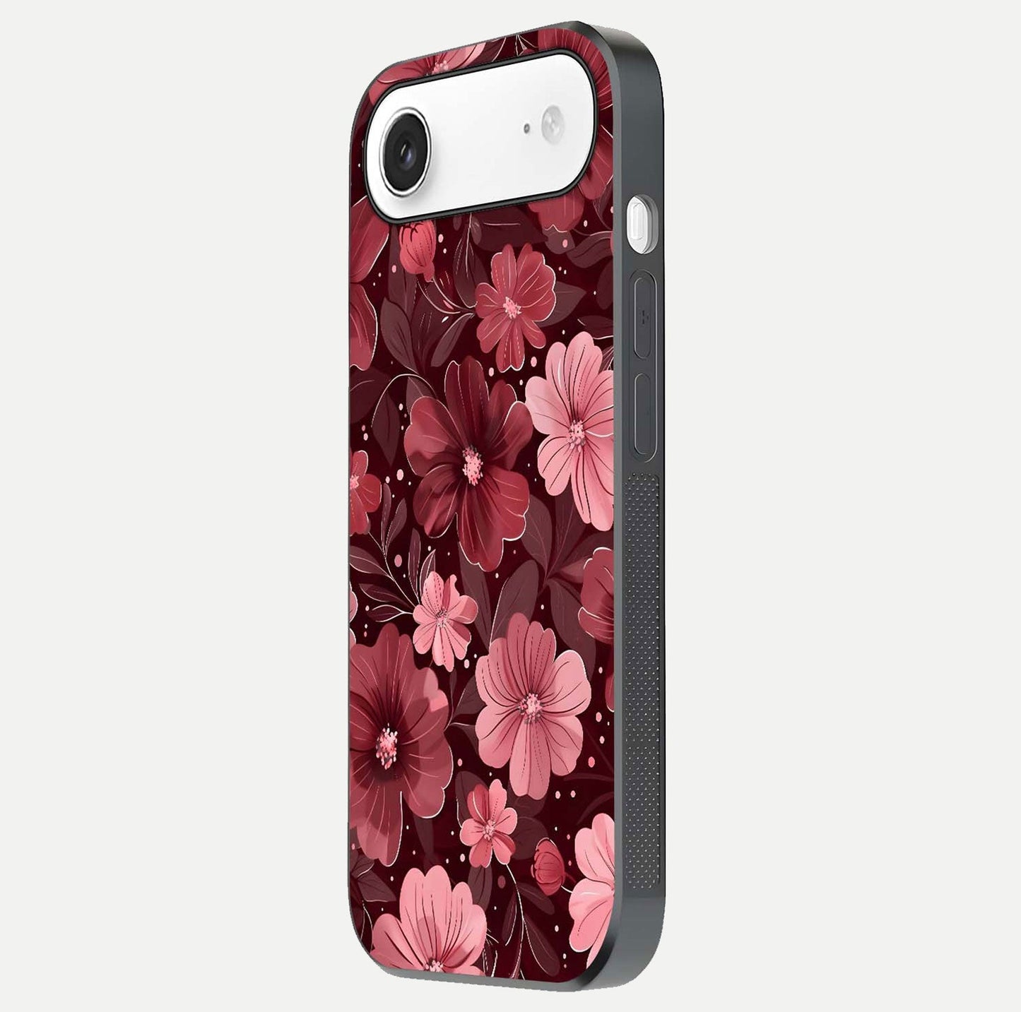 Flower Blush Bloom Glass Case for iPhone Air side-angle photo showing glass reflection and delicate hues