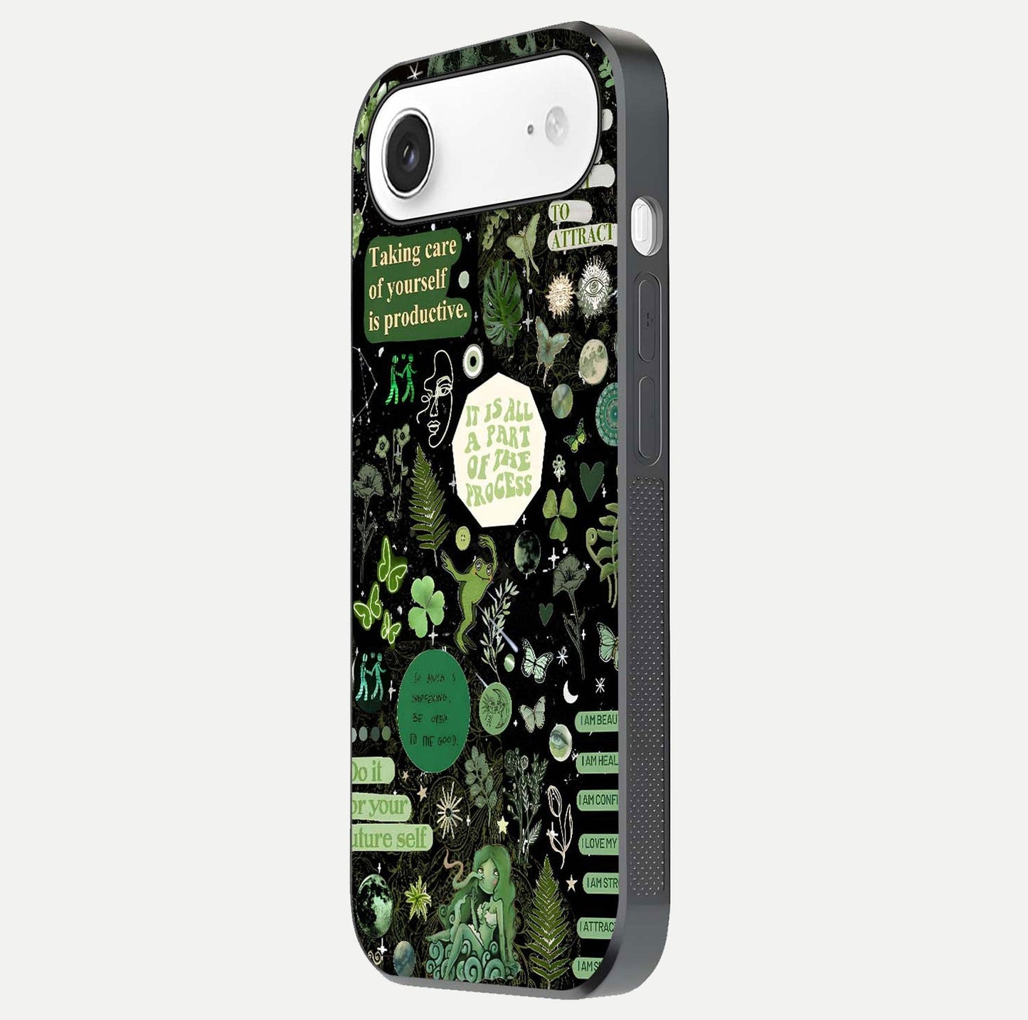 Green Moon Energy Glass Case for iPhone Air side-angle image showing reflection brilliance and curved finish