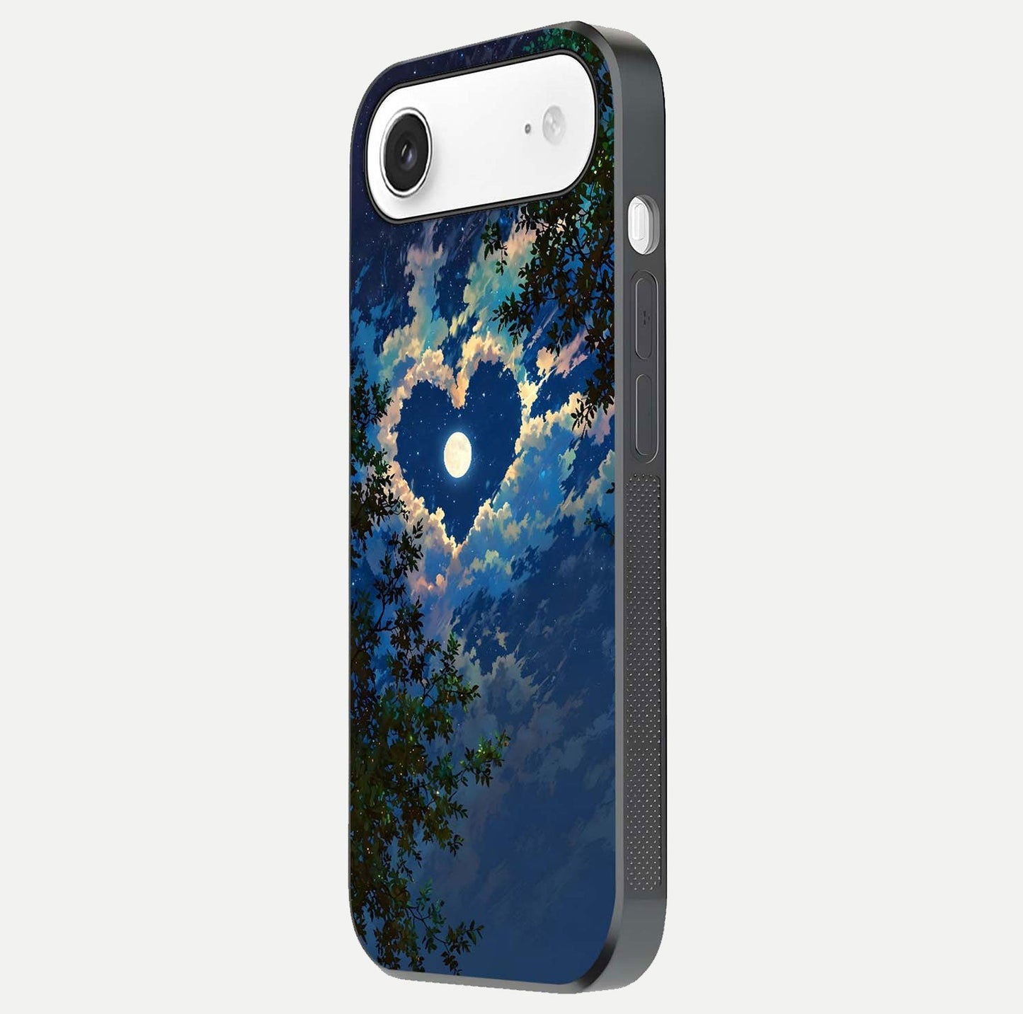 Heart with Moon Sky Glass Case for iPhone Air side-angle image showing reflection brightness and soft tone finish