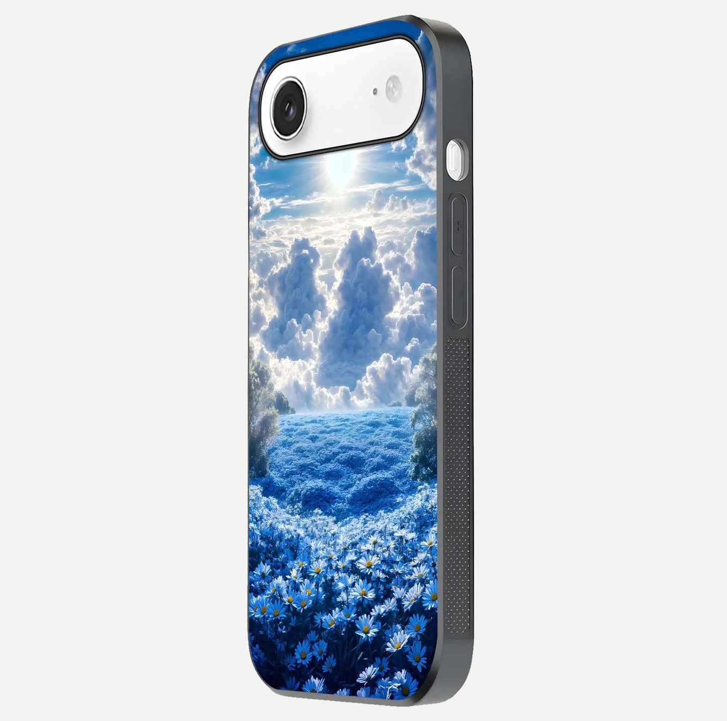 Heavenly Daisy Horizon Glass Case for iPhone Air side-angle image showing reflection depth and floral glow
