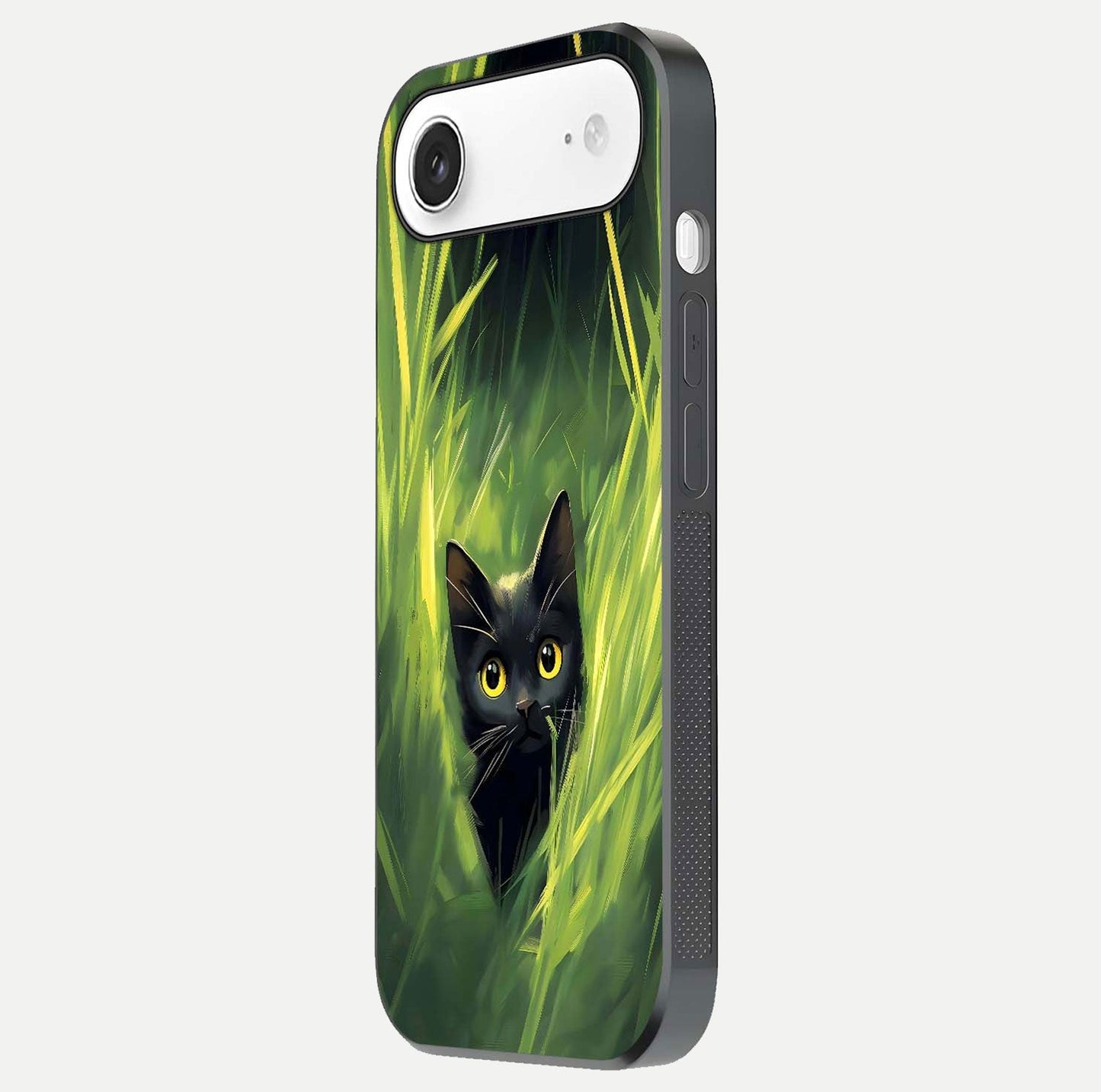 Hidden Cat Whisper Glass Case for iPhone Air side-angle image showing reflection glow and subtle artistic texture