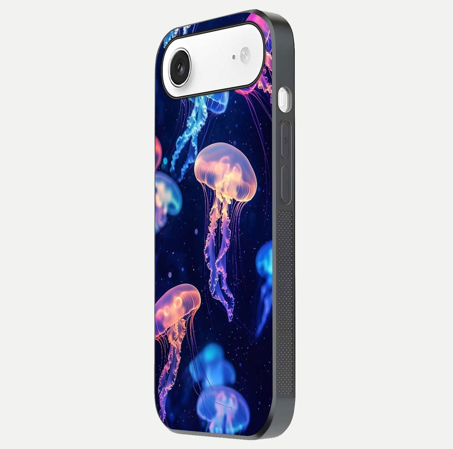 Jellyfish Pattern Glass Case for iPhone Air side-angle image showing reflection glow and soft water-blue gradient