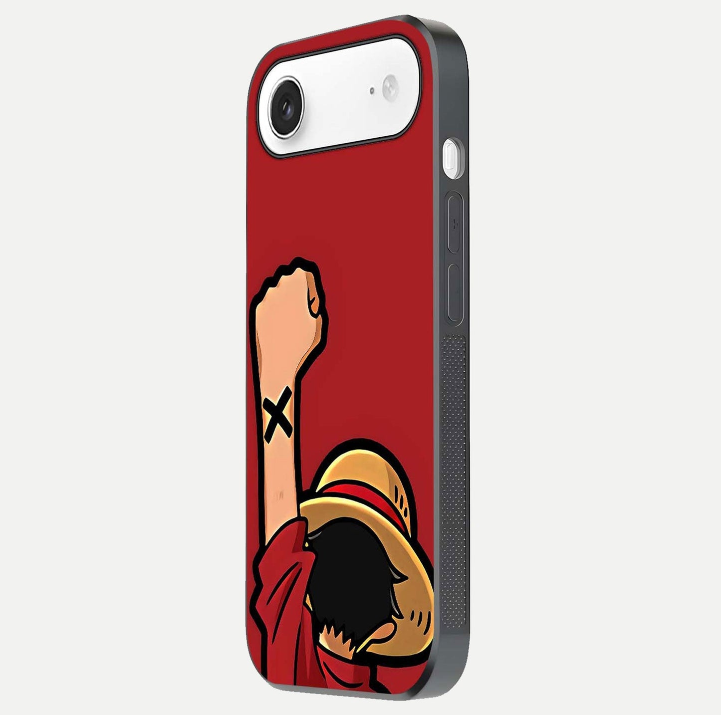 Luffy X Spirit Glass Case for iPhone Air side-angle image highlighting reflection strength and anime print