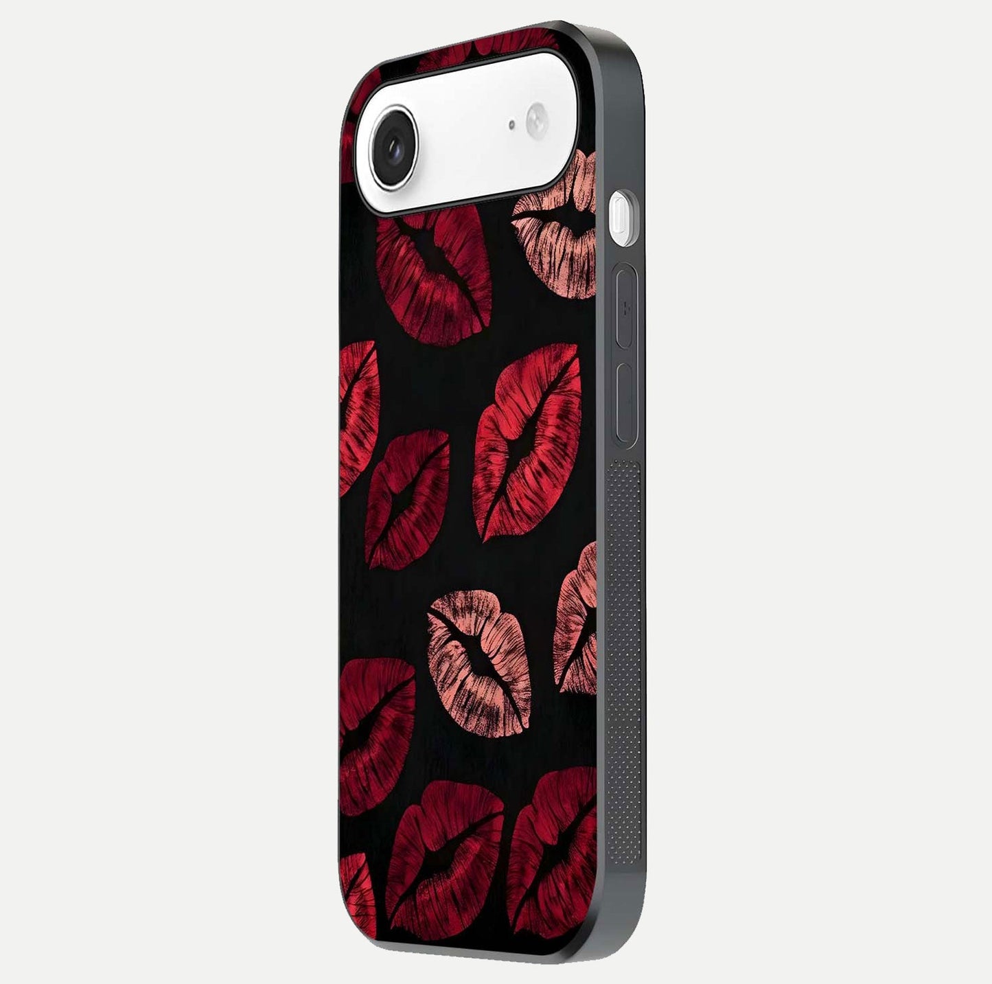 Midnight Kiss Love Glass Case for iPhone Air side-angle image revealing gloss texture and deep love motif