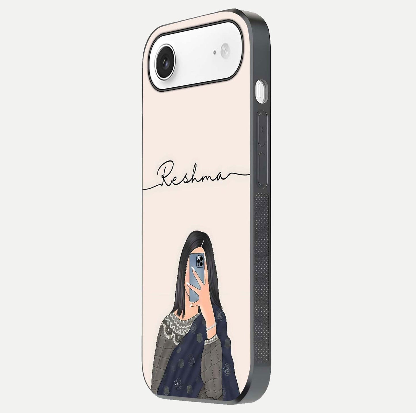 Mirror Mood Muse Custom Name Glass Case for iPhone Air side-angle image emphasizing glossy mirror texture