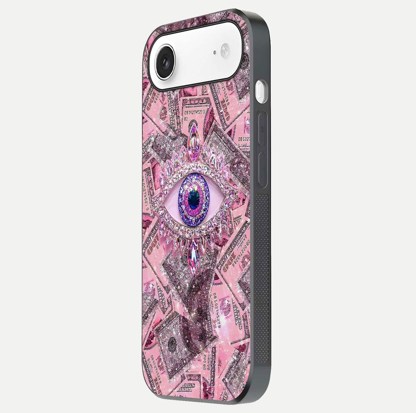 Money Eye Luxe Glass Case for iPhone Air side-angle image showing HD reflection and luxury print clarity