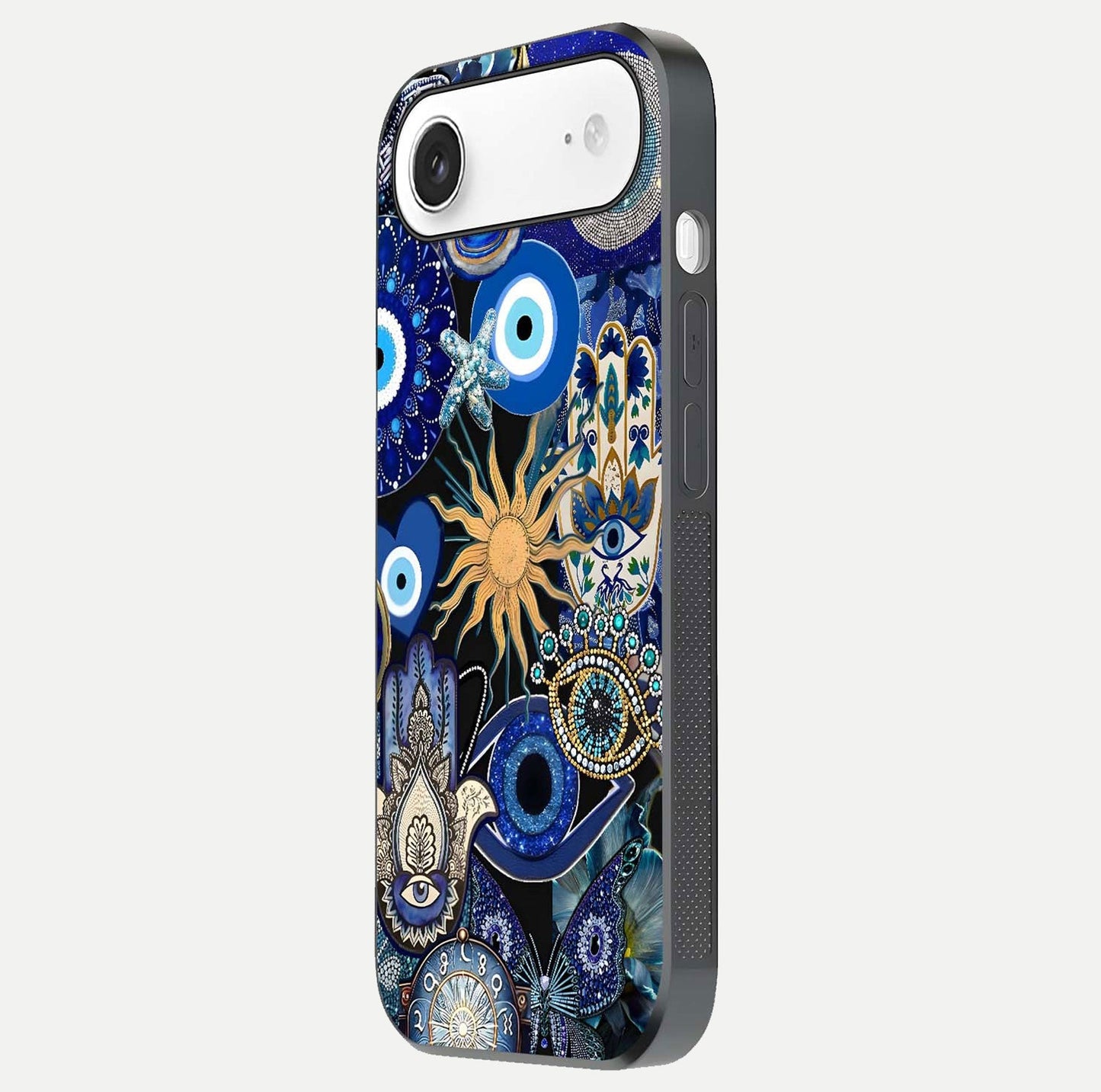 Mystic Blue Evil Eye Glass Case for iPhone Air side-angle image showing smooth gloss and charm design