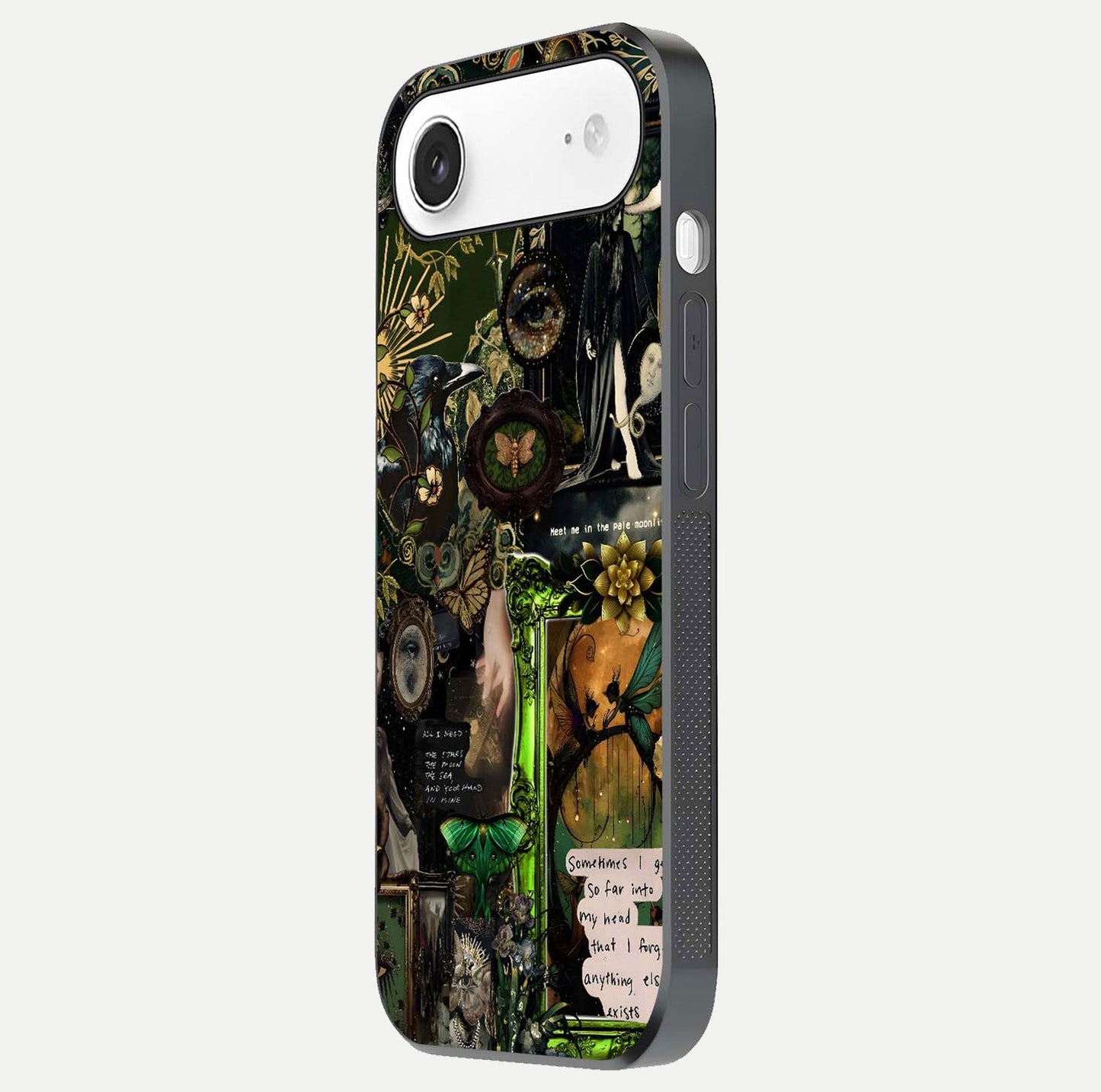 Mystic Woods Secret Glass Case for iPhone Air side-angle image showing gloss reflection and forest pattern