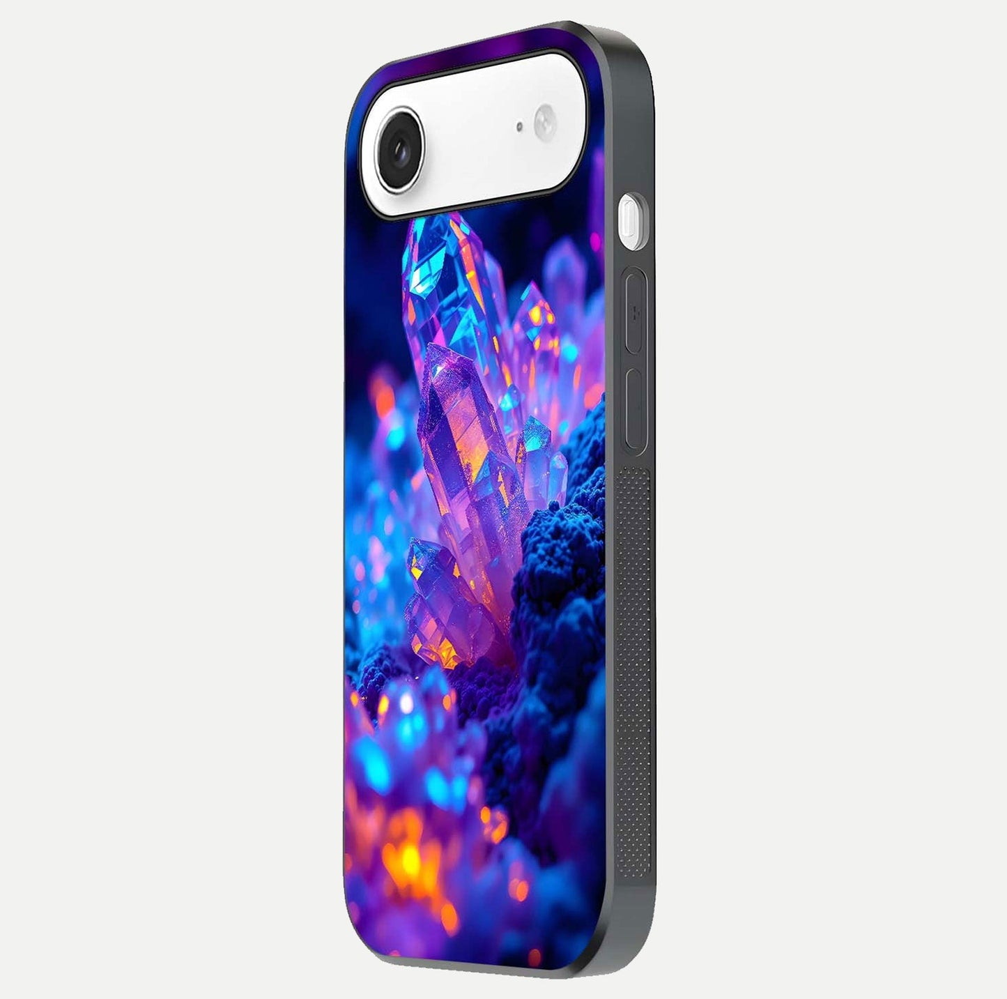 Neon Aura Shards Glass Case for iPhone Air side-angle image showing light depth and glossy contrast