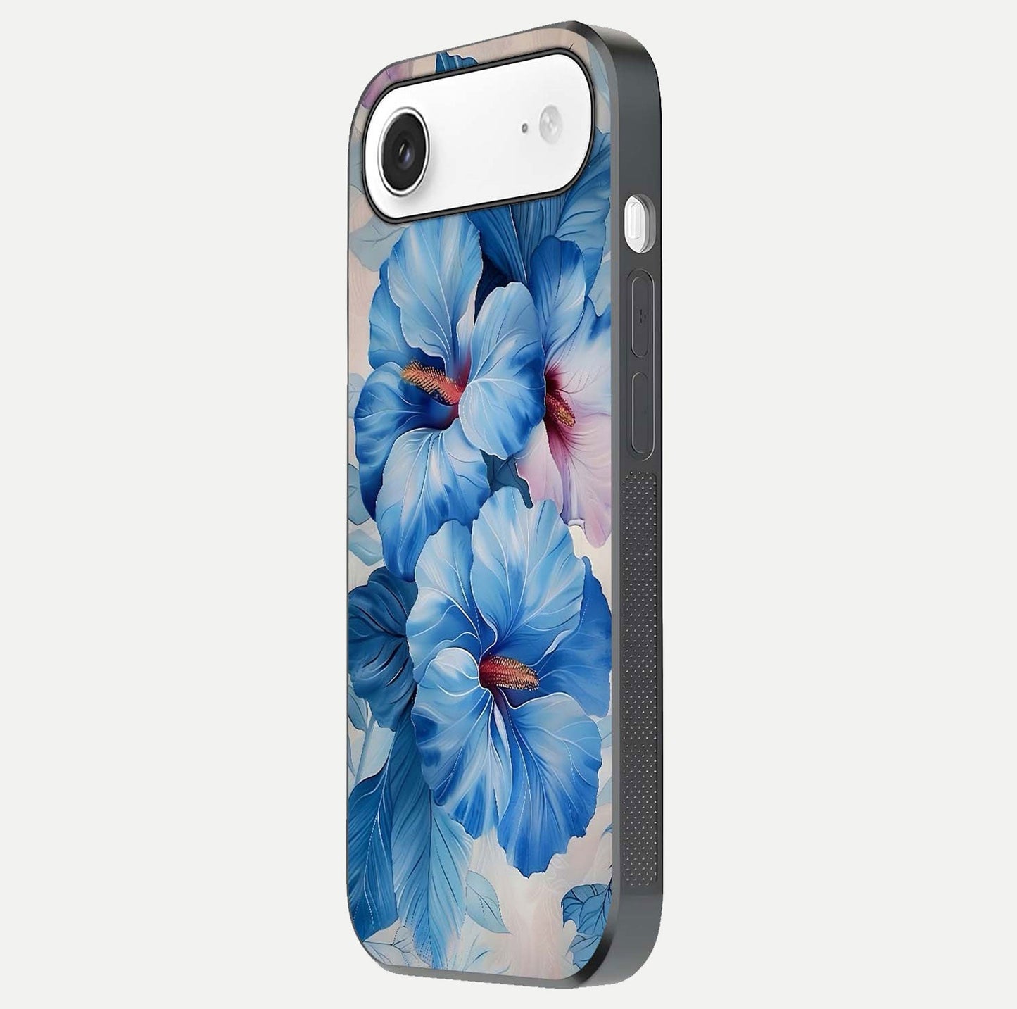 Ocean Hibiscus Grace Glass Case for iPhone Air side-angle image showing smooth texture and hibiscus details
