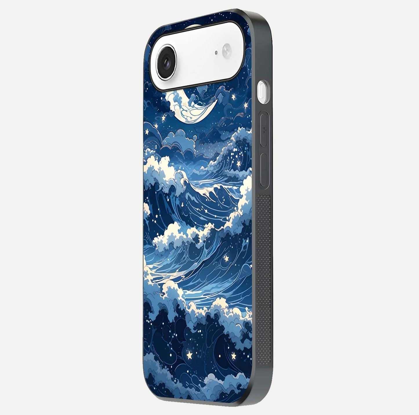 Ocean Moon Waves Glass Case for iPhone Air side-angle image showing shine and ocean gradient tones