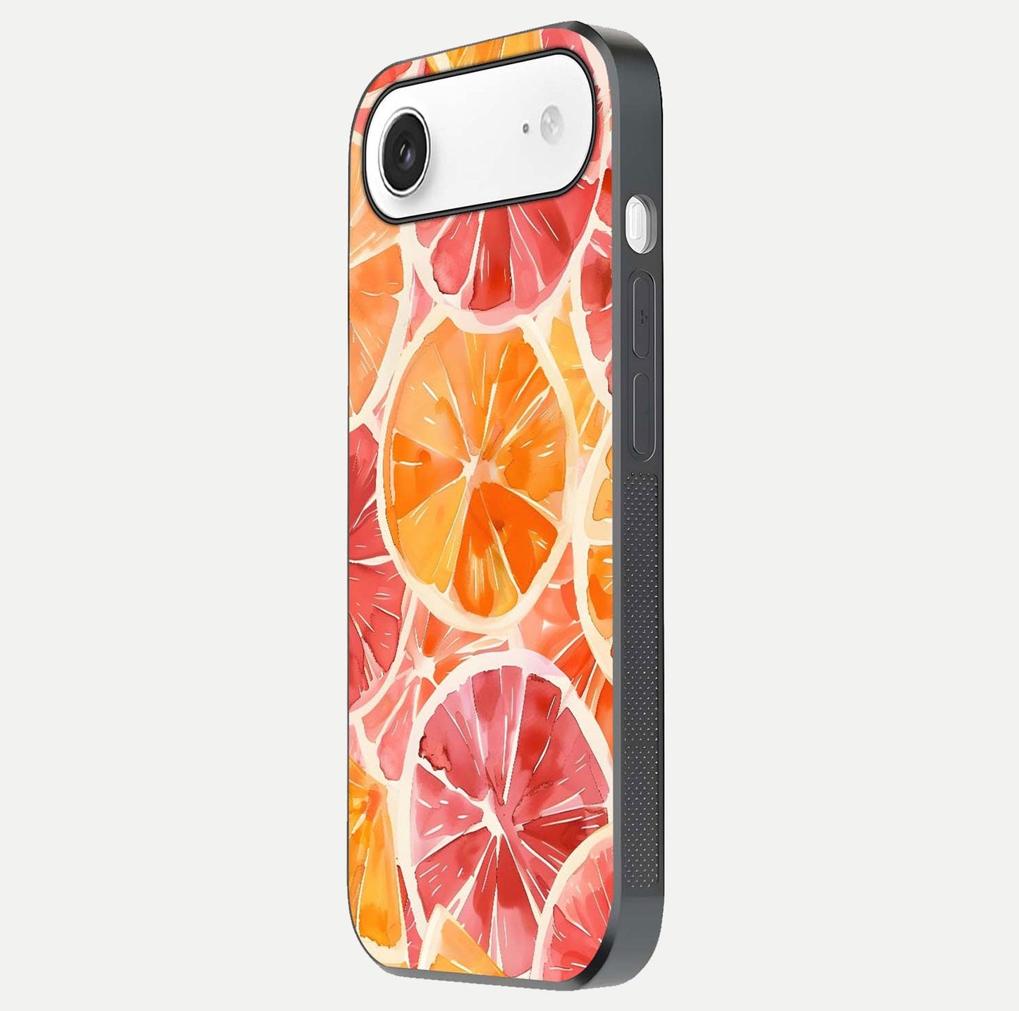 Orange Fruits Pattern Glass Case for iPhone Air side-angle image showing glossy shine and citrus pattern