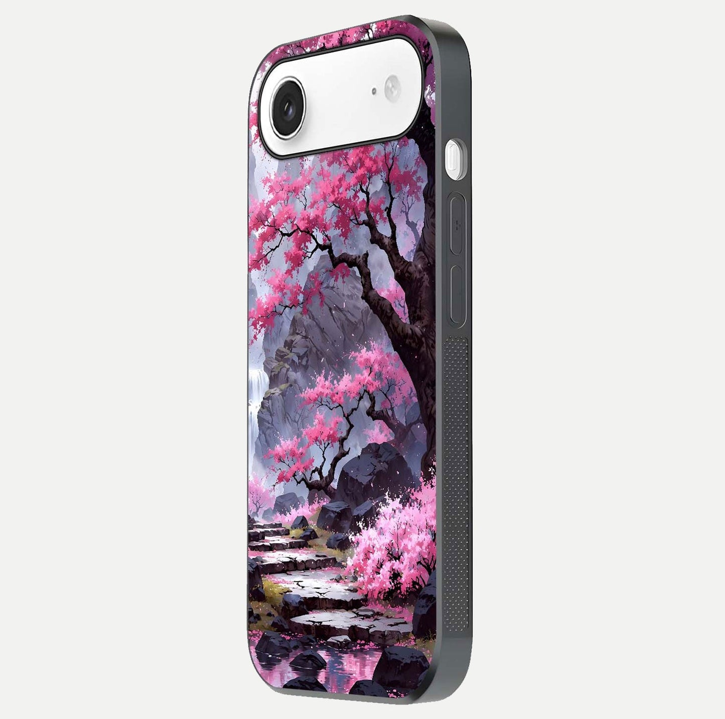 Pinkish Scenery Glass Case for iPhone Air side-angle image showing depth, gloss, and scenic details