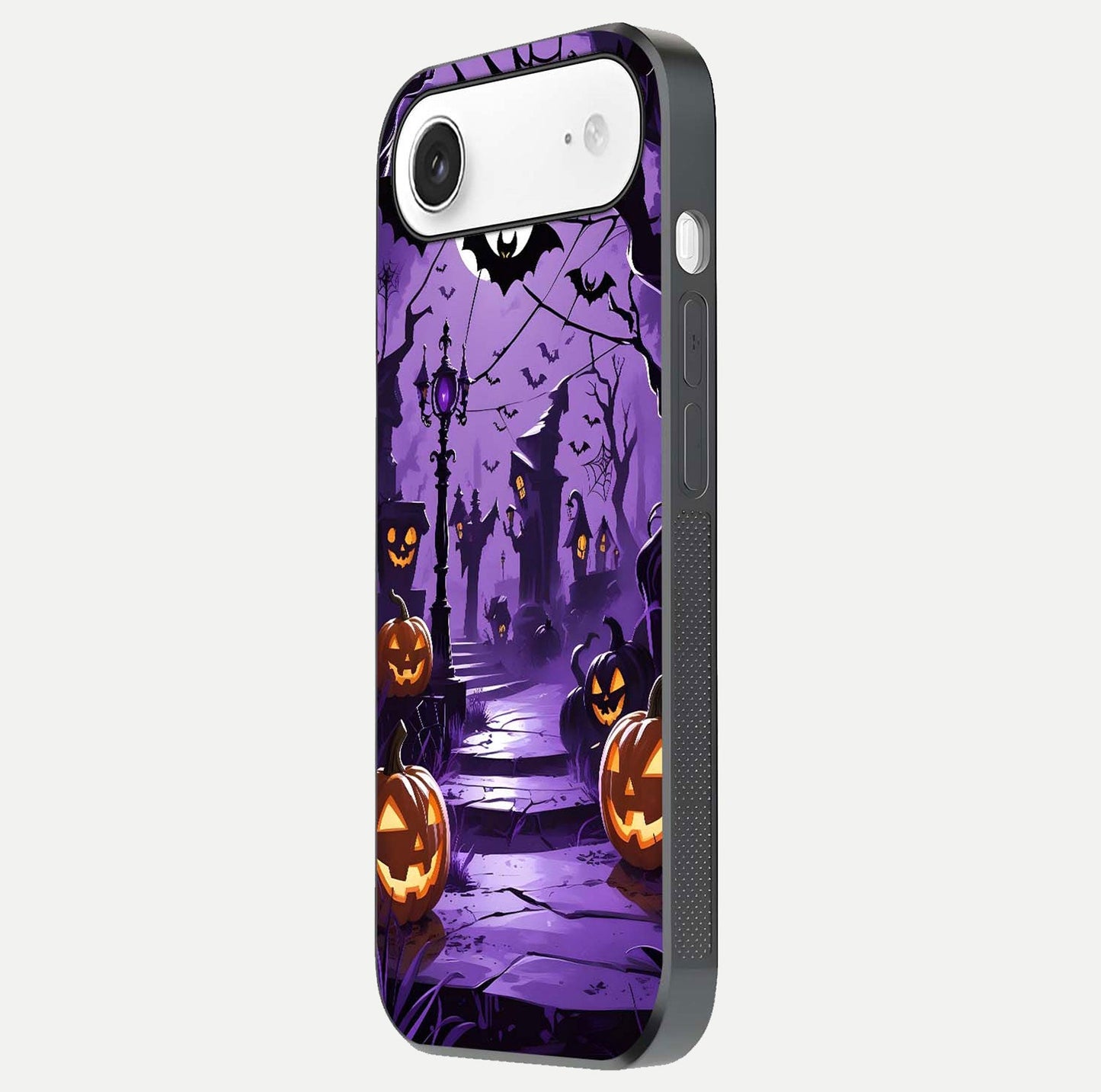 Pumpkin Patch Halloween Glass Case for iPhone Air side-angle image showing shine, camera cutout, and spooky art