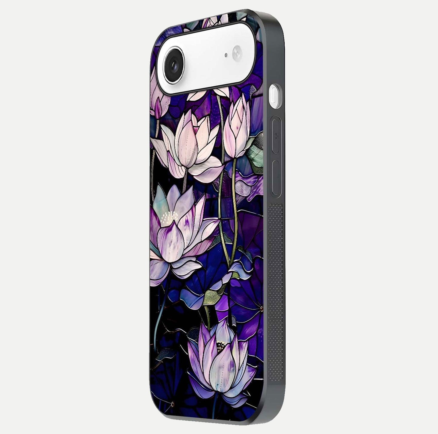 Purple Lotus Pattern Glass Case for iPhone Air side-angle image showing reflection depth and lotus detail