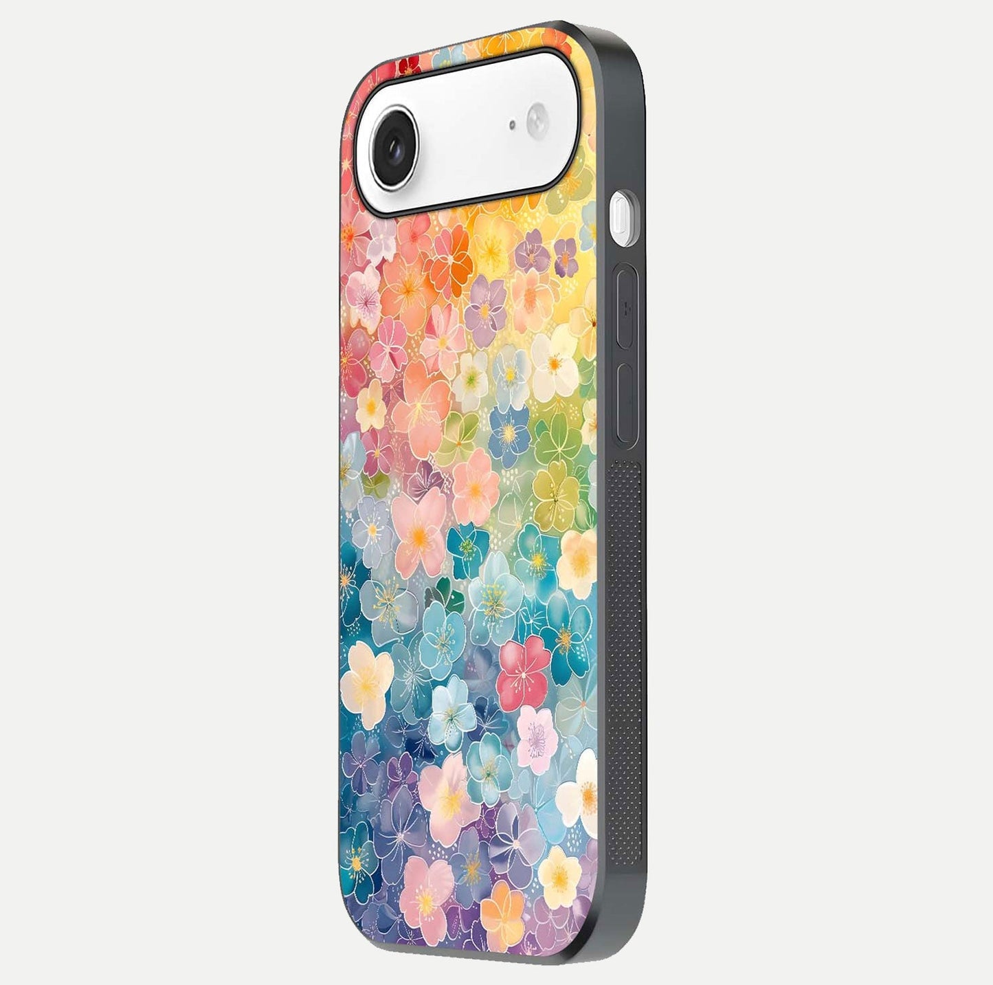 Rainbow Blossom Burst Glass Case for iPhone Air side-angle image showing reflection and floral burst detail