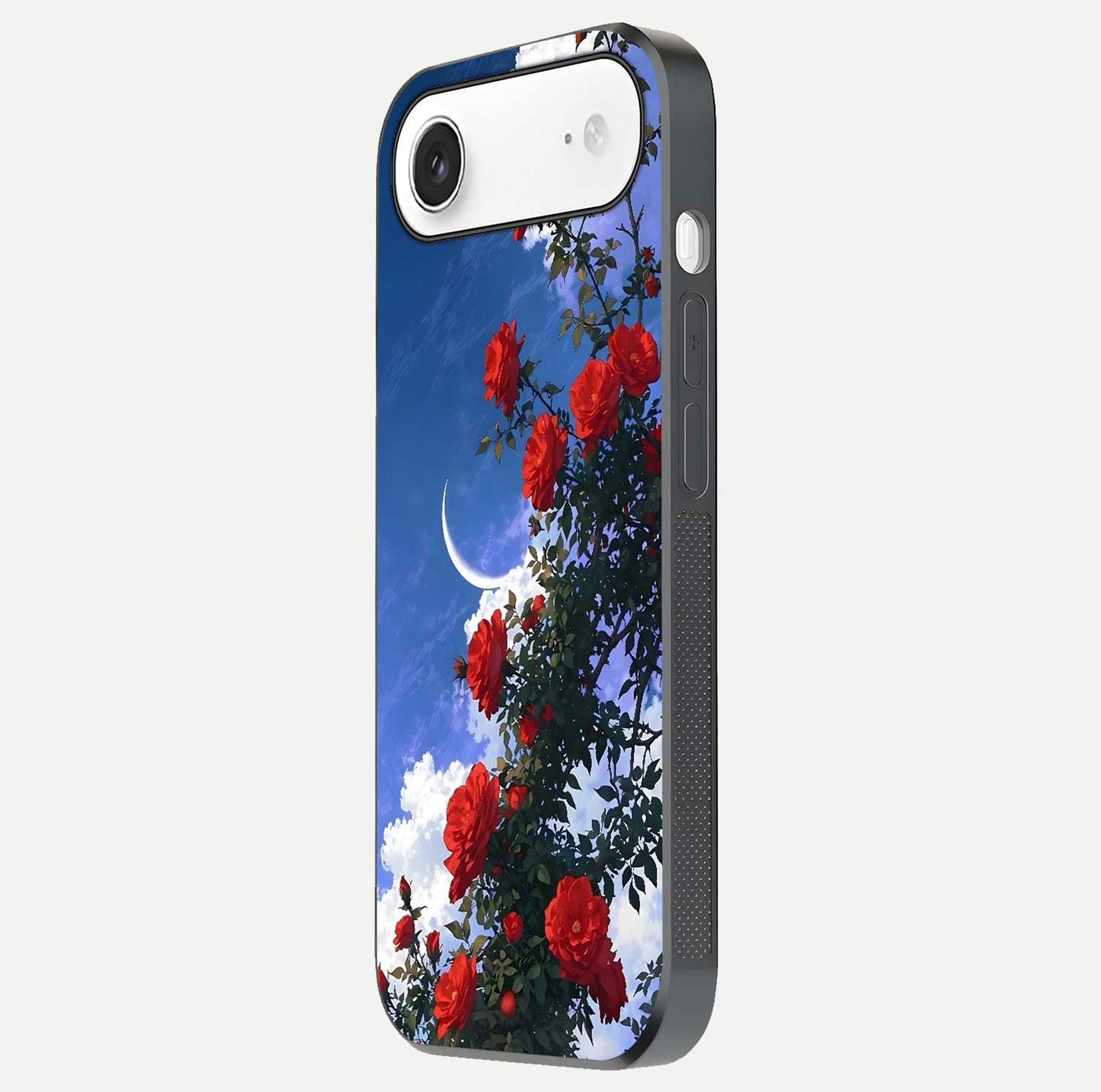 Rose Drift Flowers Glass Case for iPhone Air side-angle image showing reflection and petal detail