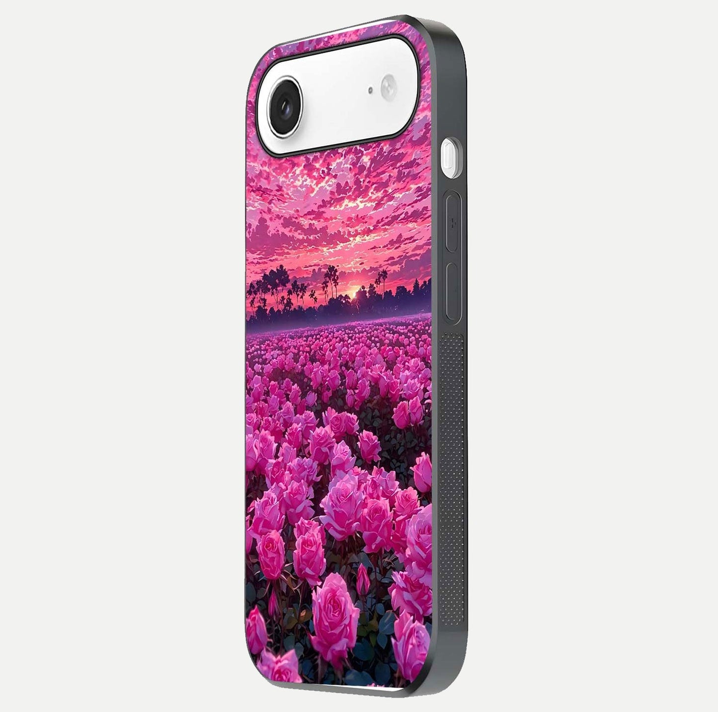 Rose Sunset Valley Glass Case for iPhone Air side-angle image showing smooth edges and floral glow
