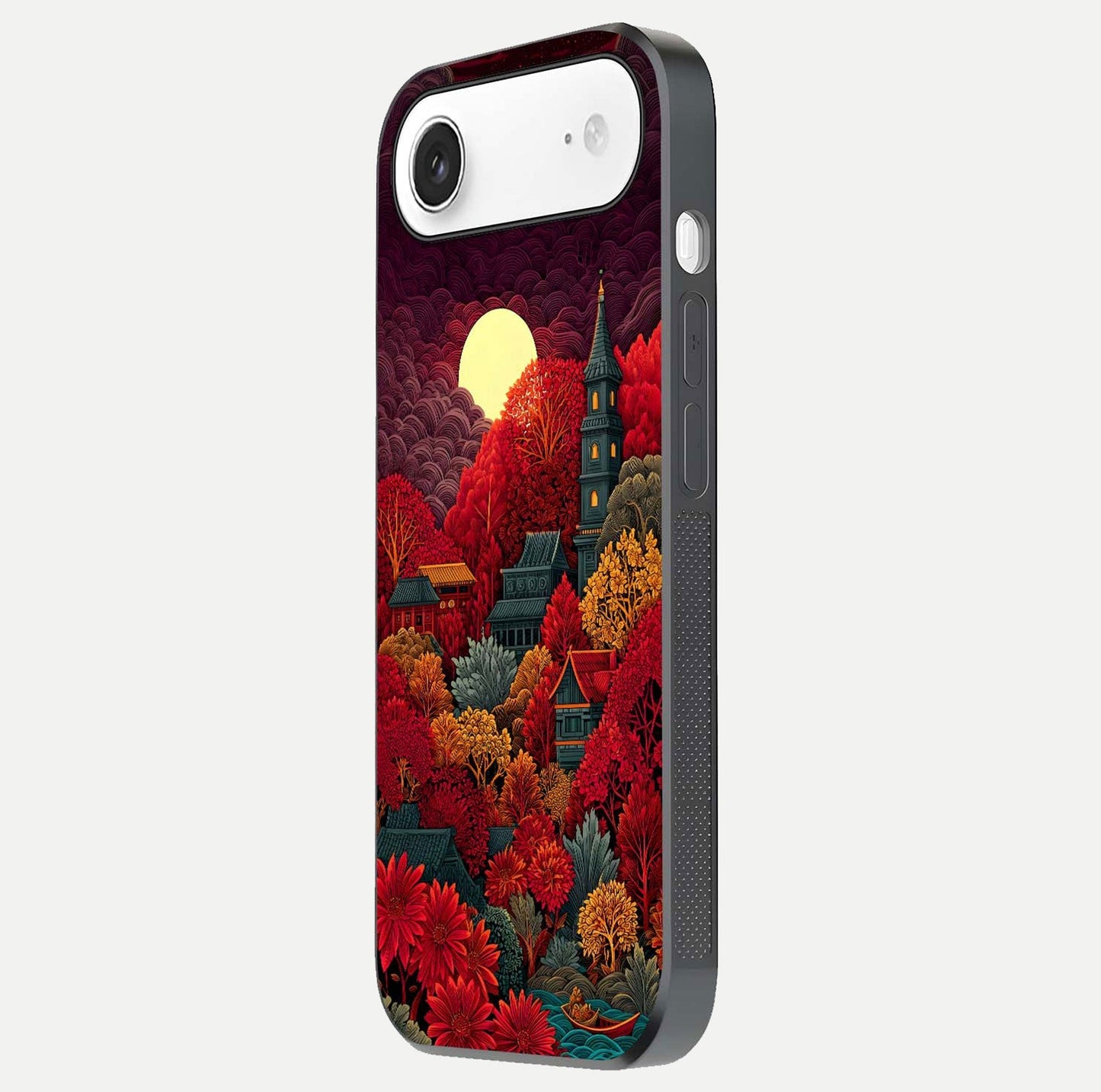 Scarlet Autumn Temple Glass Case for iPhone Air side-angle image showing color depth and reflection clarity