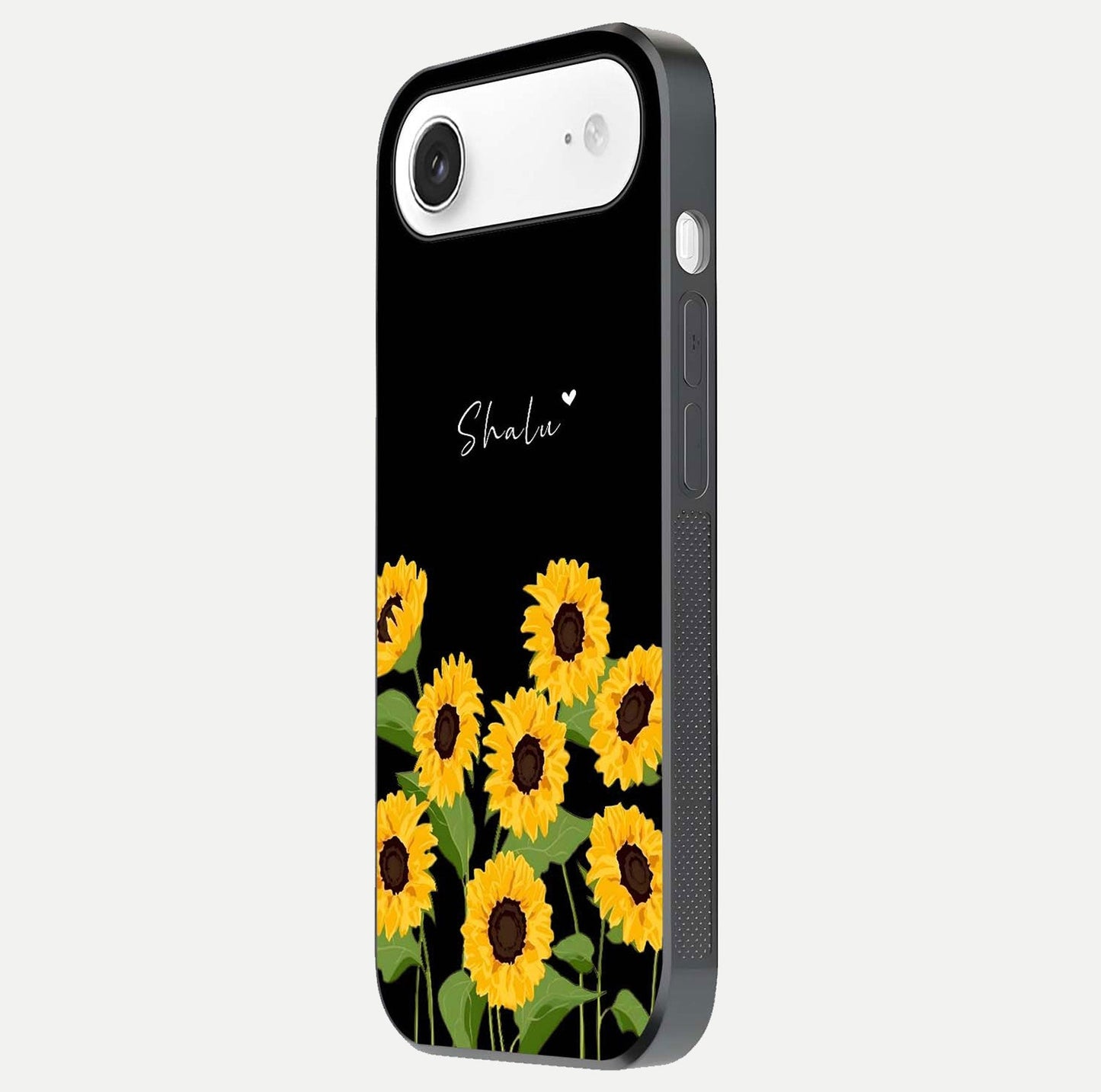 Sunflower Chic Mood Custom Name Glass Case for iPhone Air side-angle image showing reflection and yellow floral tone