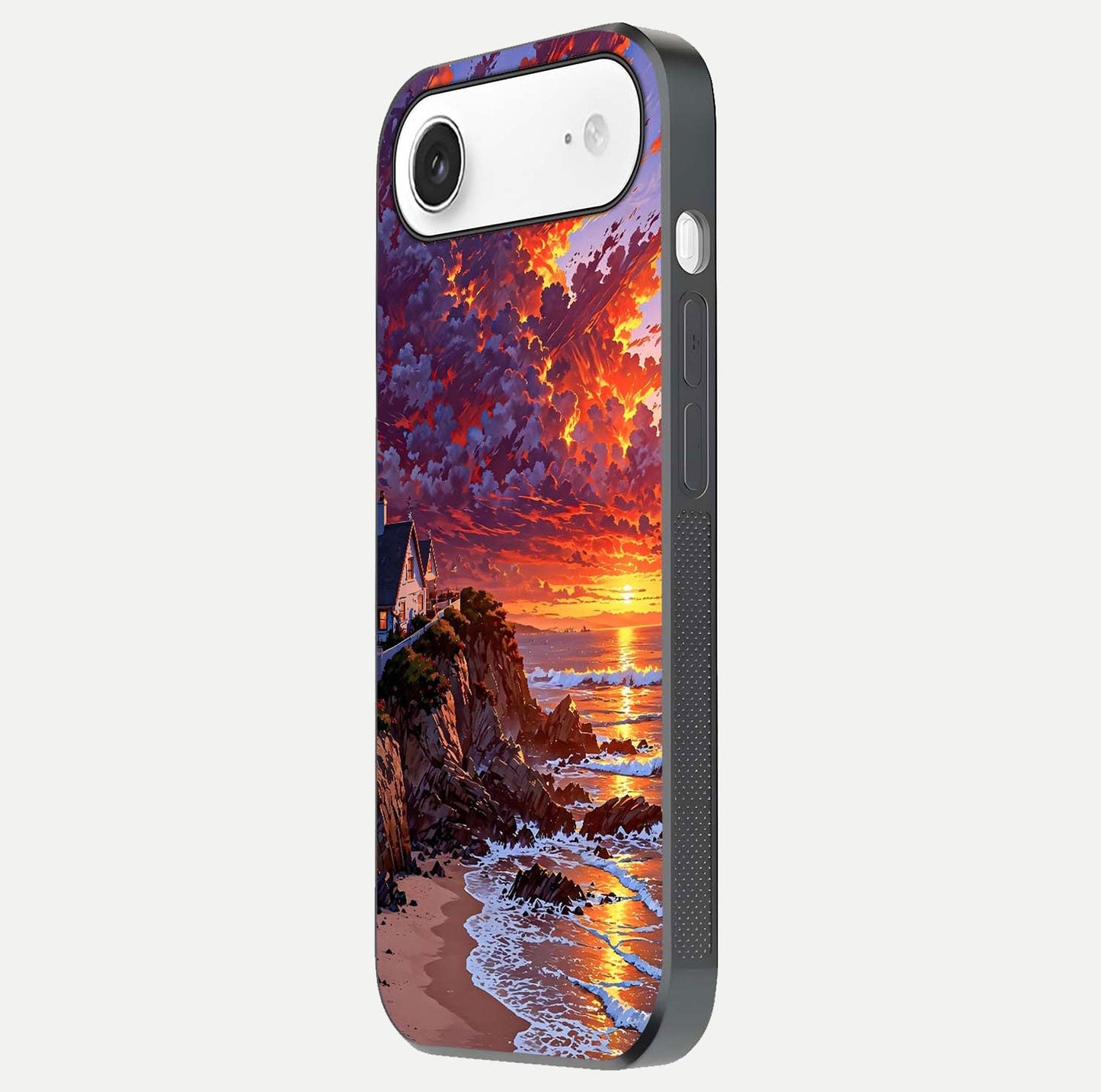 Sunset House by Sea Glass Case for iPhone Air side-angle image showing reflection and seaside color tone