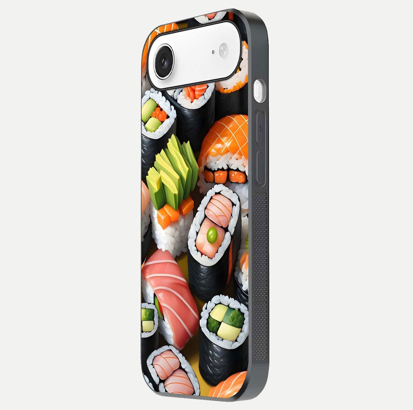 Sushi Food Pattern Glass Case for iPhone Air side-angle image showing shine, gloss, and sushi artwork
