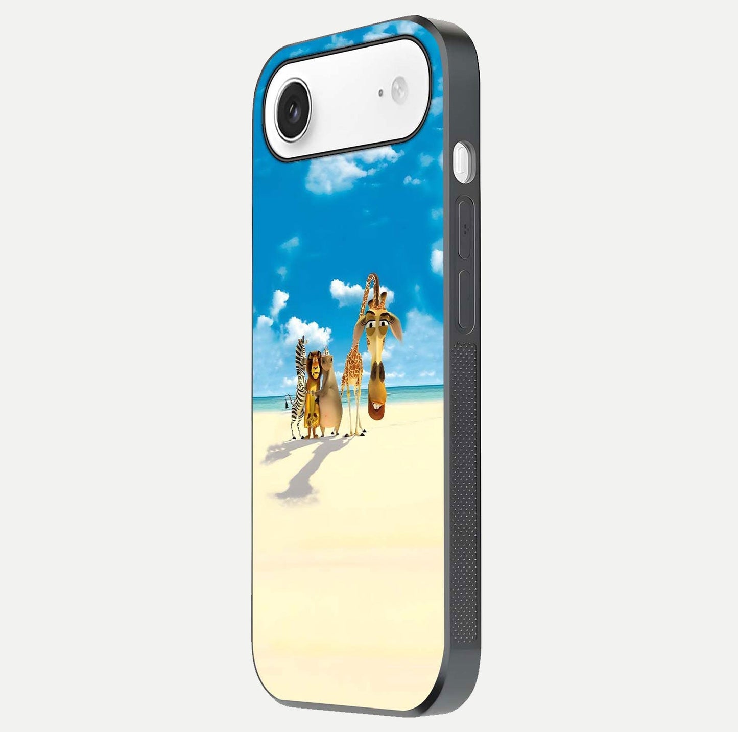 Tropical Fun Squad Glass Case for iPhone Air side-angle image showing shine, color depth, and surface gloss