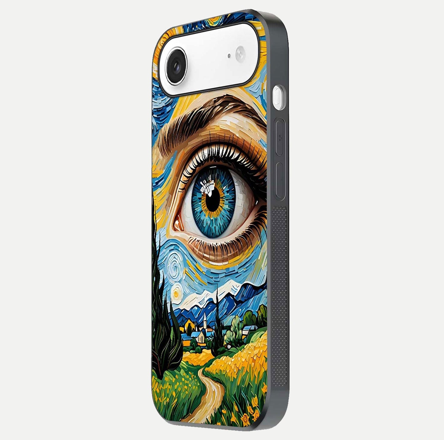 Van Gogh Eye Glass Case for iPhone Air side-angle image showing reflection, gloss, and artistic contrast