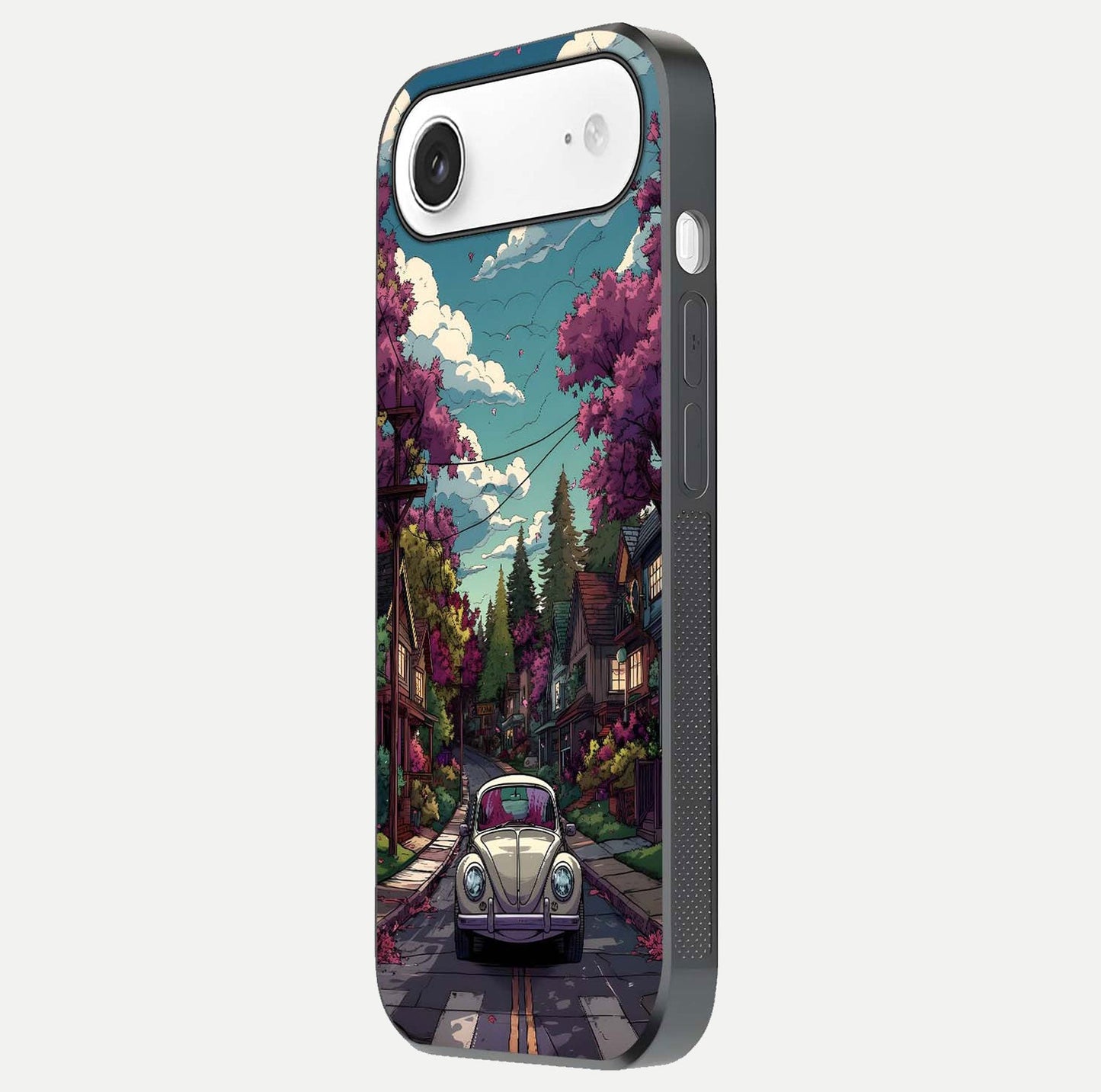 Vintage Street Drive Glass Case for iPhone Air side-angle image showing gloss reflection and design detail