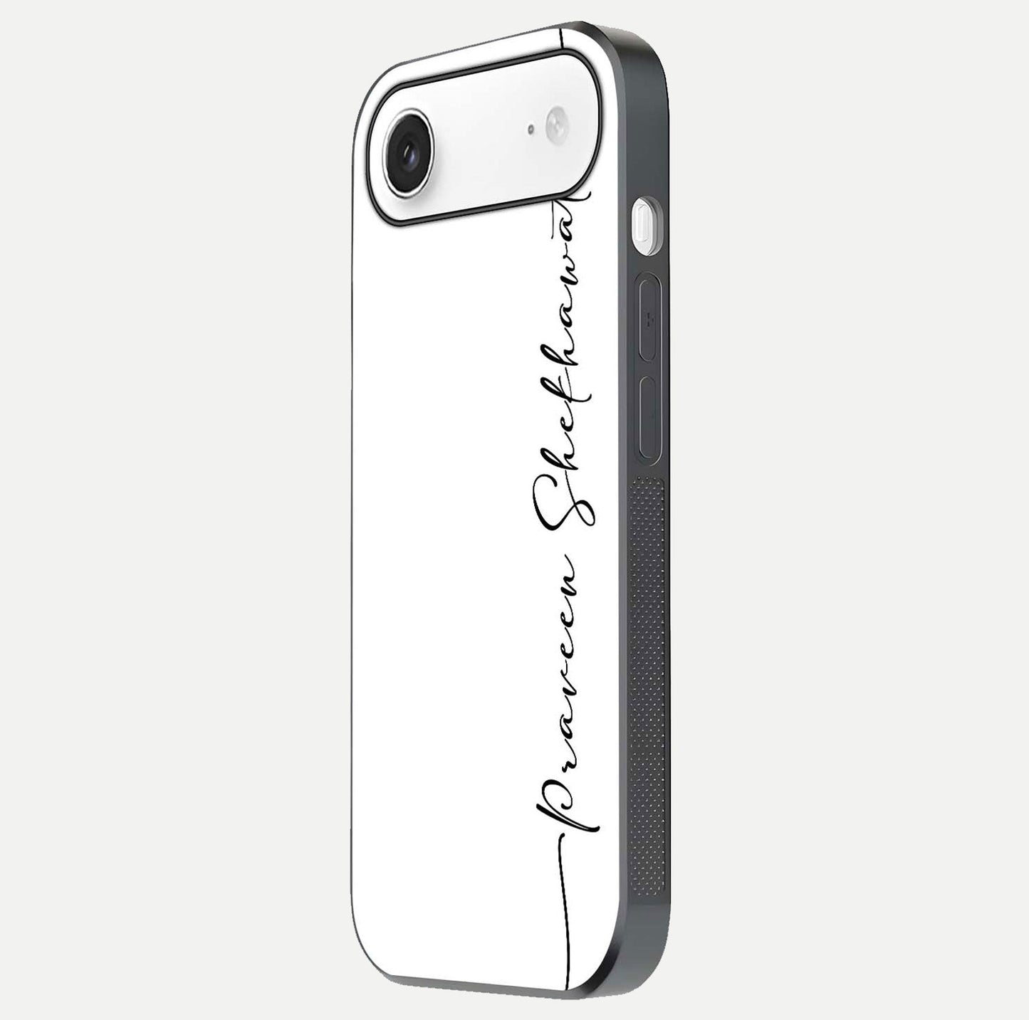 White Tune Custom Name Glass Case for iPhone Air side-angle image showing shine, gloss, and minimal tone