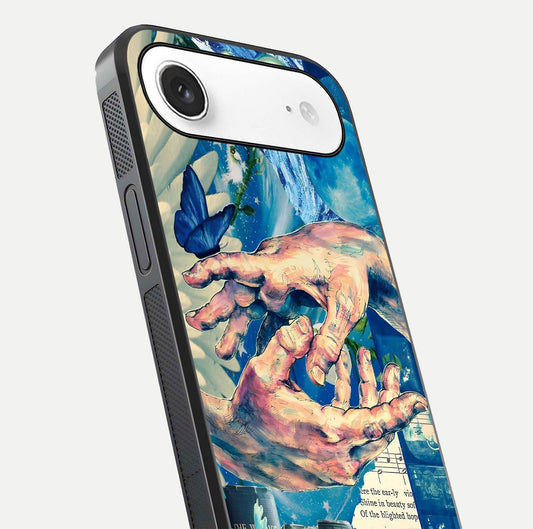 Aesthetic Divider Glass Case for iPhone Air close-up angled shot showing detailed divider artwork and gloss reflection