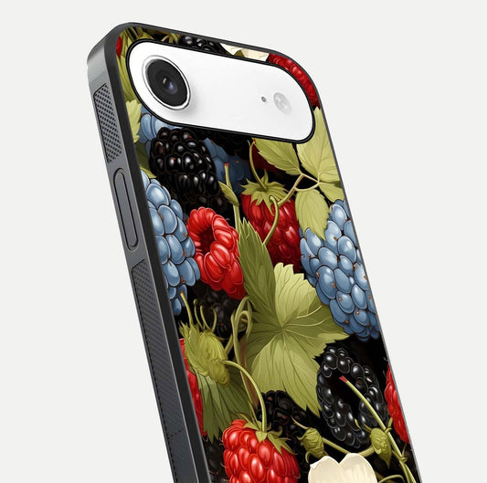 Berry Bloom Charm Glass Case for iPhone Air close-up view highlighting berry color tones and fine petal detailing