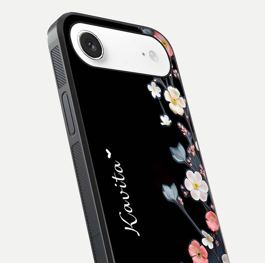 Black Elegance Floral Custom Name Glass Case for iPhone Air close-up shot showing rose detailing and elegant reflection