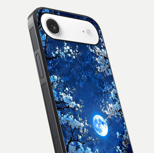 Blossom Moonlight Sky Glass Case for iPhone Air close-up angle capturing moon glow and flower detail reflections