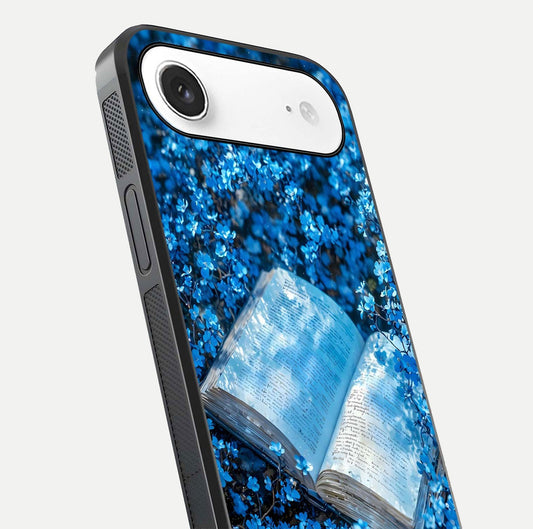 Blue Bloom Tales Glass Case for iPhone Air close-up angle showing petal texture and blue tone reflection