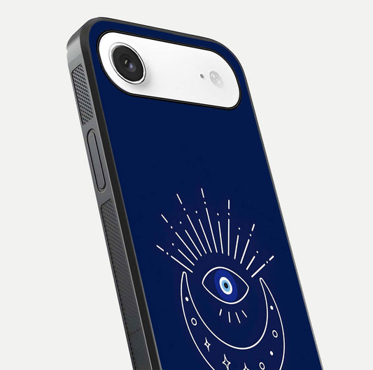 Blue Evil Eye Glass Case for iPhone Air close-up shot highlighting eye motif, protection symbol, and glass shine
