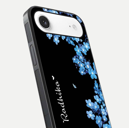Blue Petal Dream Custom Name Glass Case for iPhone Air close-up highlighting petal texture and gloss reflection