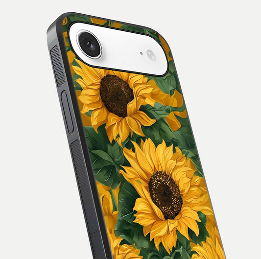 Bright Sunflower Bloom Glass Case for iPhone Air close-up image highlighting yellow petal detail and HD reflection