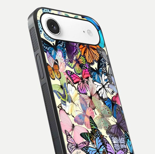 Butterflies Petal Dream Glass Case for iPhone Air close-up highlighting butterfly wings and pink petal gloss