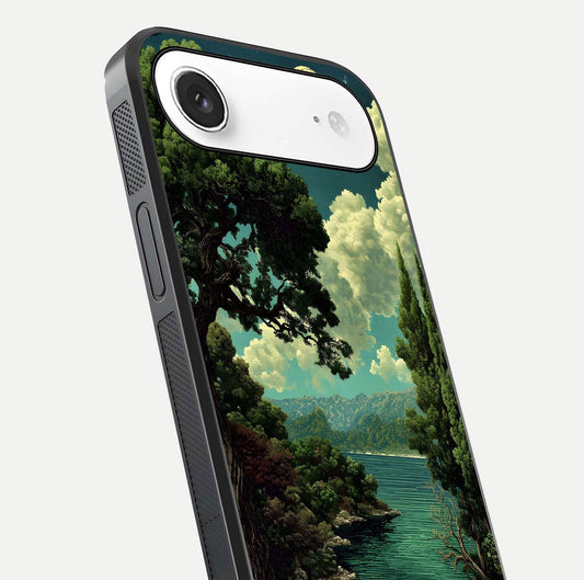 Celestial Lake Peace Glass Case for iPhone Air close-up highlighting moon reflection and glossy texture