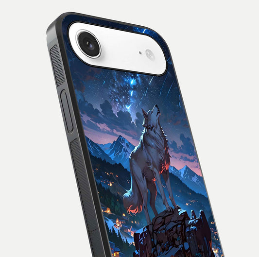 Celestial Wolf Howl Glass Case for iPhone Air close-up showing wolf silhouette and glowing moon reflection