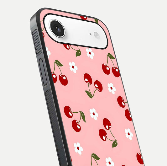 Cherry Love Mood Glass Case for iPhone Air close-up highlighting cherry heart pattern and reflection shine