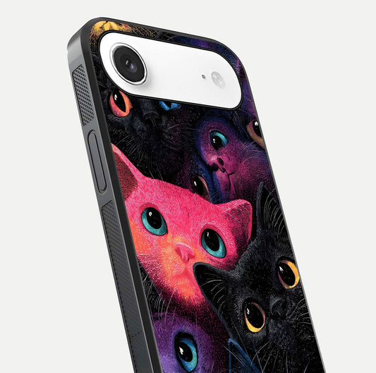 Cosmic Cats Dreams Glass Case for iPhone Air close-up highlighting cats and cosmic glow reflection