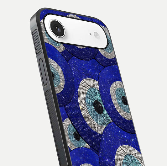 Galaxy Eye Flow Glass Case for iPhone Air close-up angled shot showing vivid swirl detail and reflection brightness